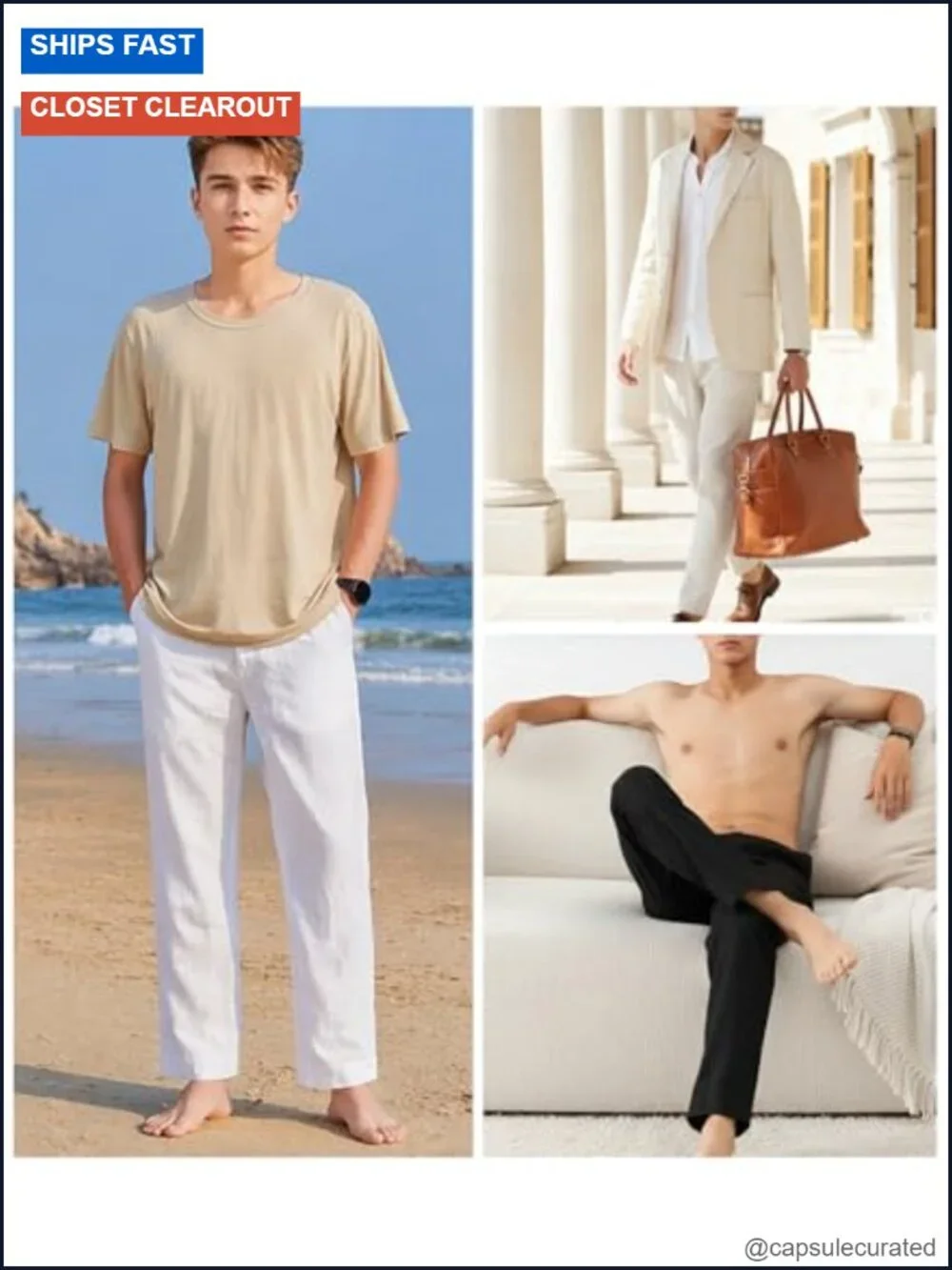 Men's 100% Linen Pants Adjustable Side Tabs Tapered Leg Casual Office Travel